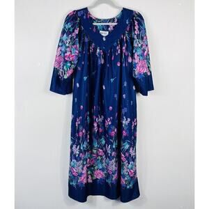 Cozee Corner Size Medium Floral Print Nightgown Sleep Dress Navy Blue